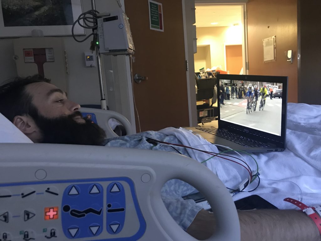 Rob Watching Tour De France from Hospital Bed